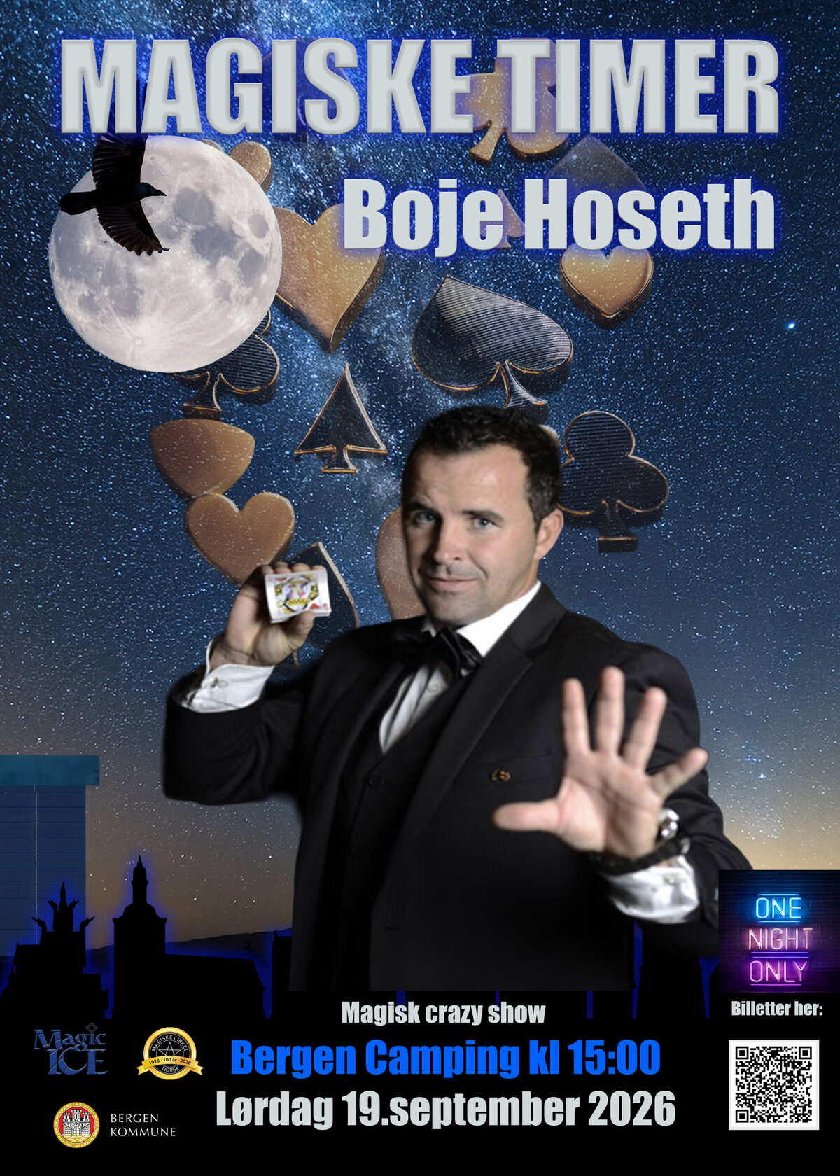 Plakat: Boje Hoseth &ndash; magisk crazy show p&aring; Bergen Camping l&oslash;rdag 19. september 2026 kl 15:00