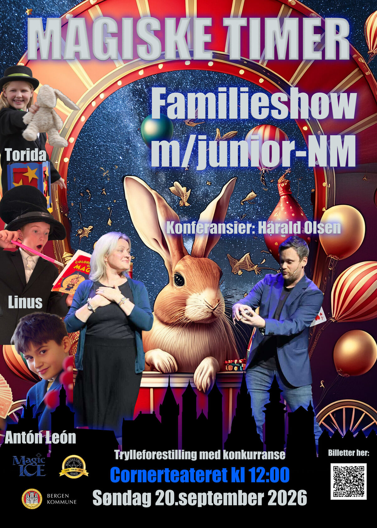 Plakat: Familieshow med junior-NM p&aring; Cornerteateret s&oslash;ndag 20. september 2026 kl 12:00